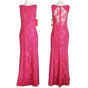 NWT Monique Lhuillier Fuchsia Pink Sequin Lace Sleeveless Long Formal Prom Dress